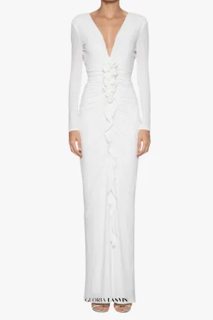 elsa V Neck Flower Ruched maxi Dress in white Gloria Lanvin