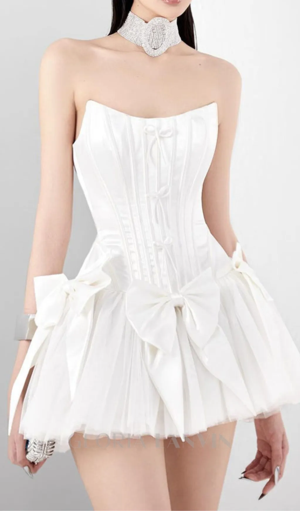 ELSIE BOWKNOT MESH STRAPLESS MINI DRESS IN WHITE Gloria Lanvin
