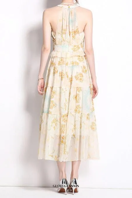 elvira print sleeveless halterneck midi dress in yellow Gloria Lanvin