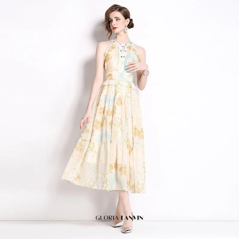 elvira print sleeveless halterneck midi dress in yellow Gloria Lanvin