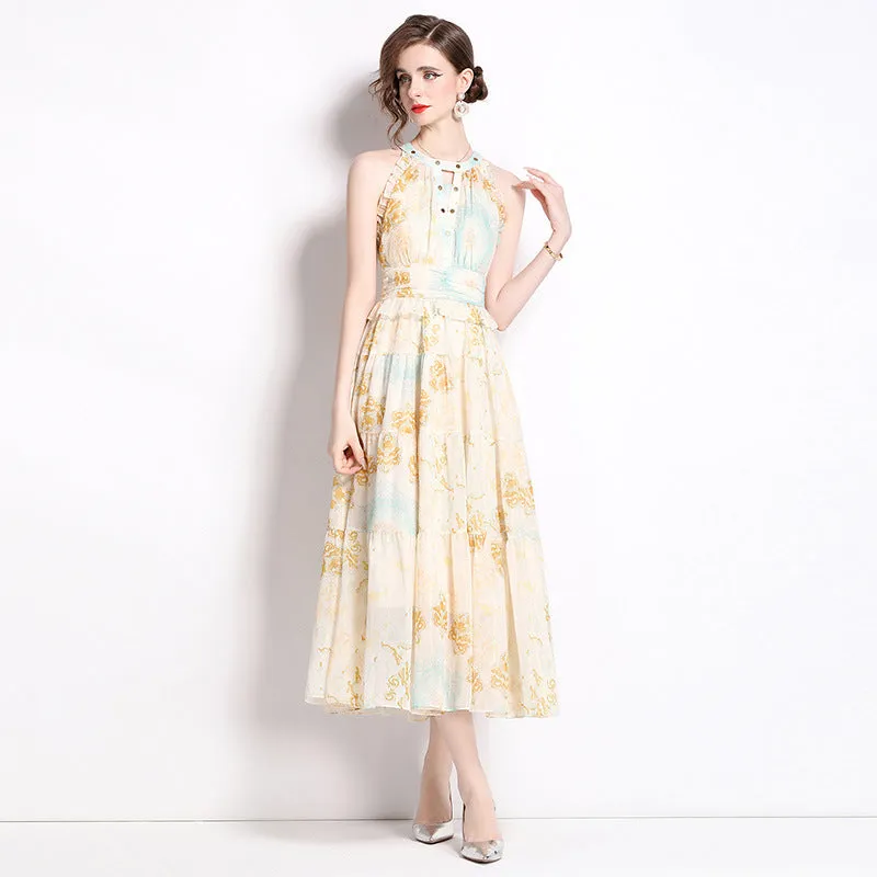 elvira print sleeveless halterneck midi dress in yellow Gloria Lanvin