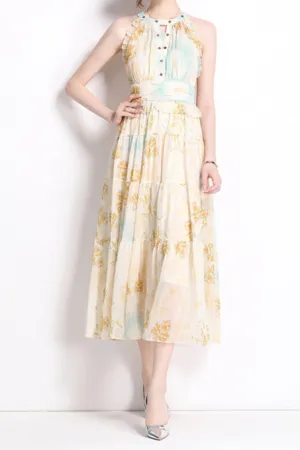 elvira print sleeveless halterneck midi dress in yellow Gloria Lanvin