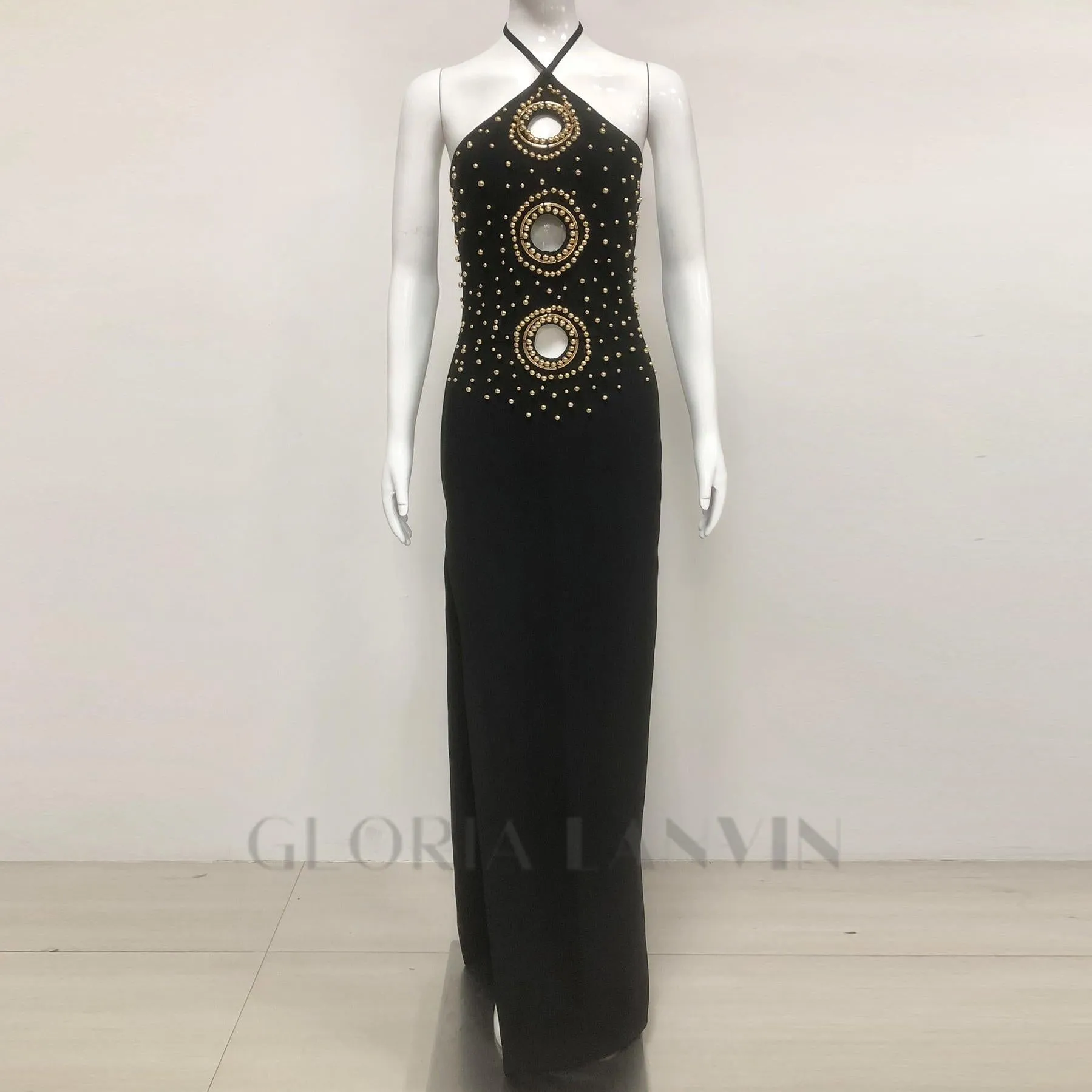 embellished cut out halter maxi dress in black Gloria Lanvin