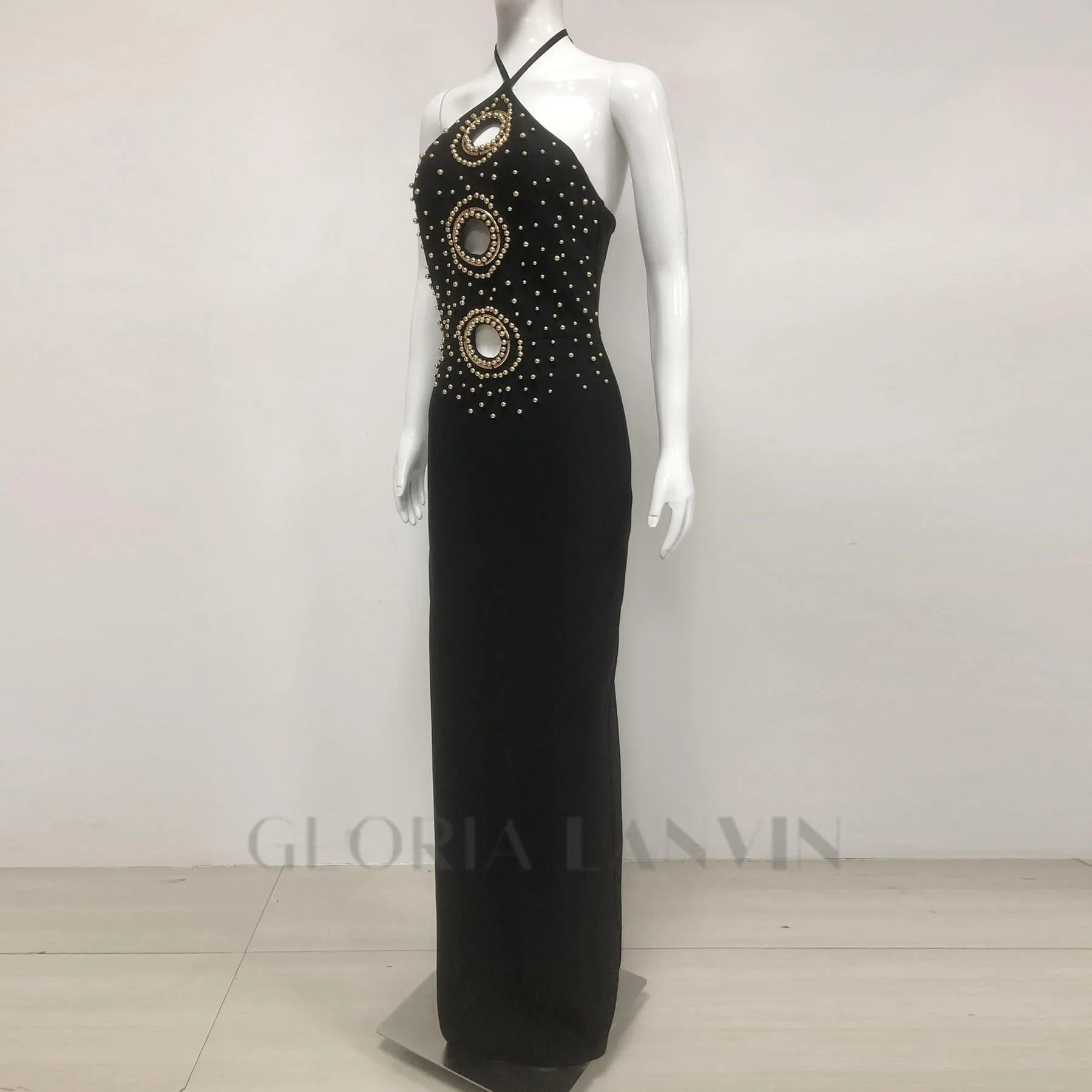 embellished cut out halter maxi dress in black Gloria Lanvin