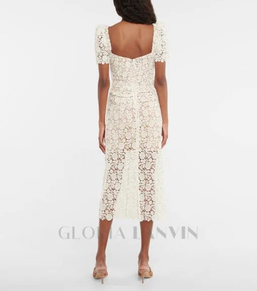 EMBELLISHED GUIPURE LACE MIDI DRESS IN WHITE Gloria Lanvin