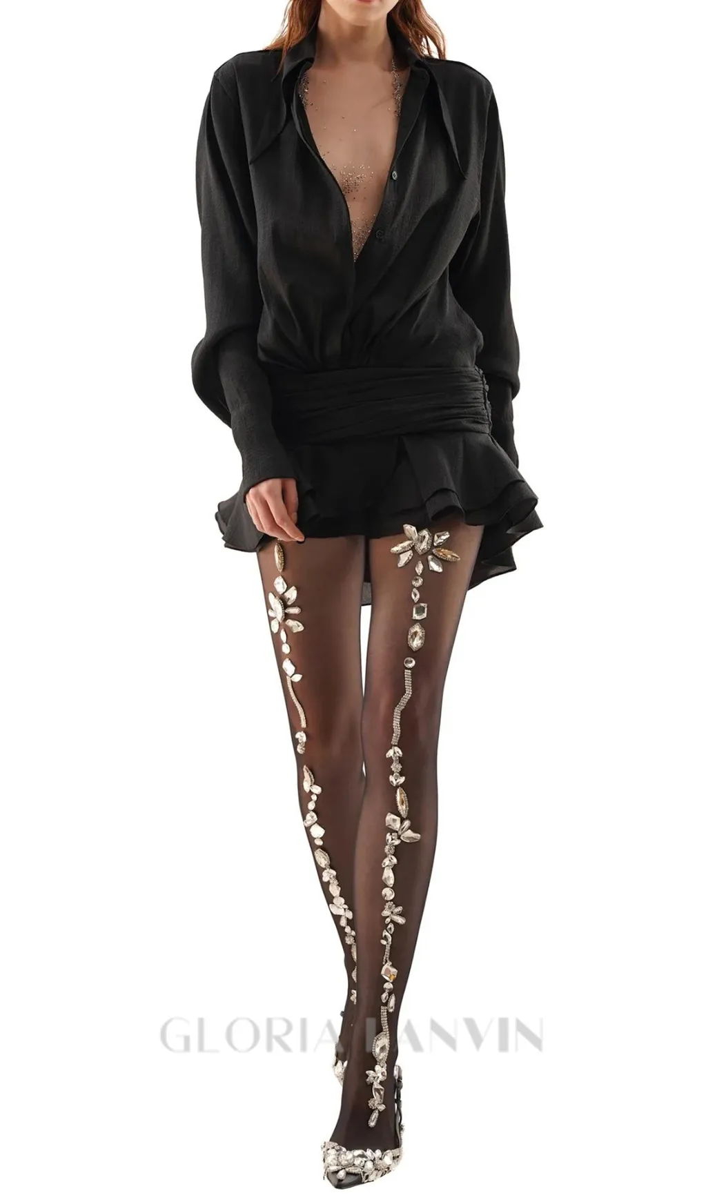 EMBER RUCHED RUFFLE MINI DRESS IN BLACK Gloria Lanvin