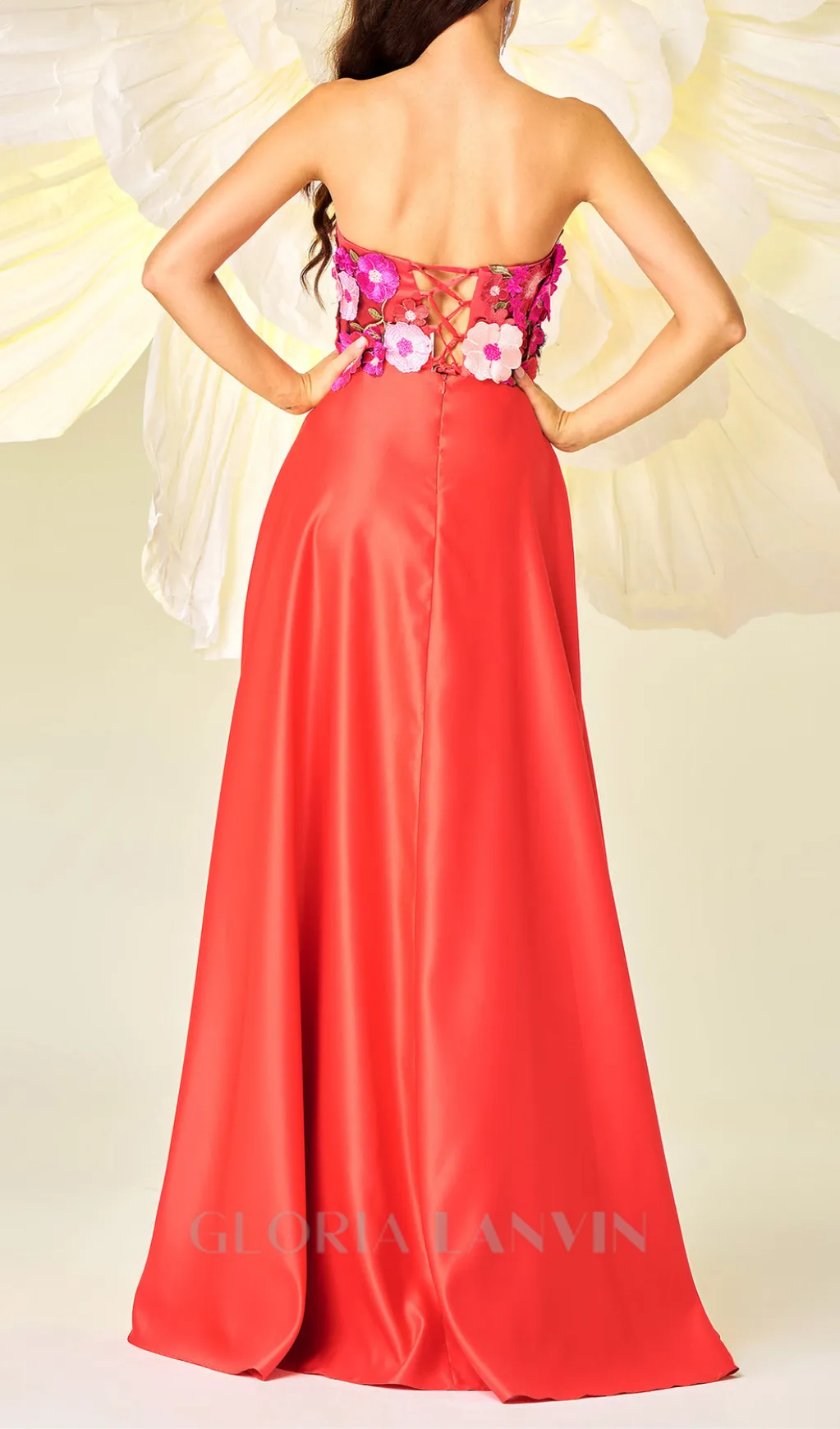 Embroidered Floral Strapless A-line maxi Dress in red Gloria Lanvin