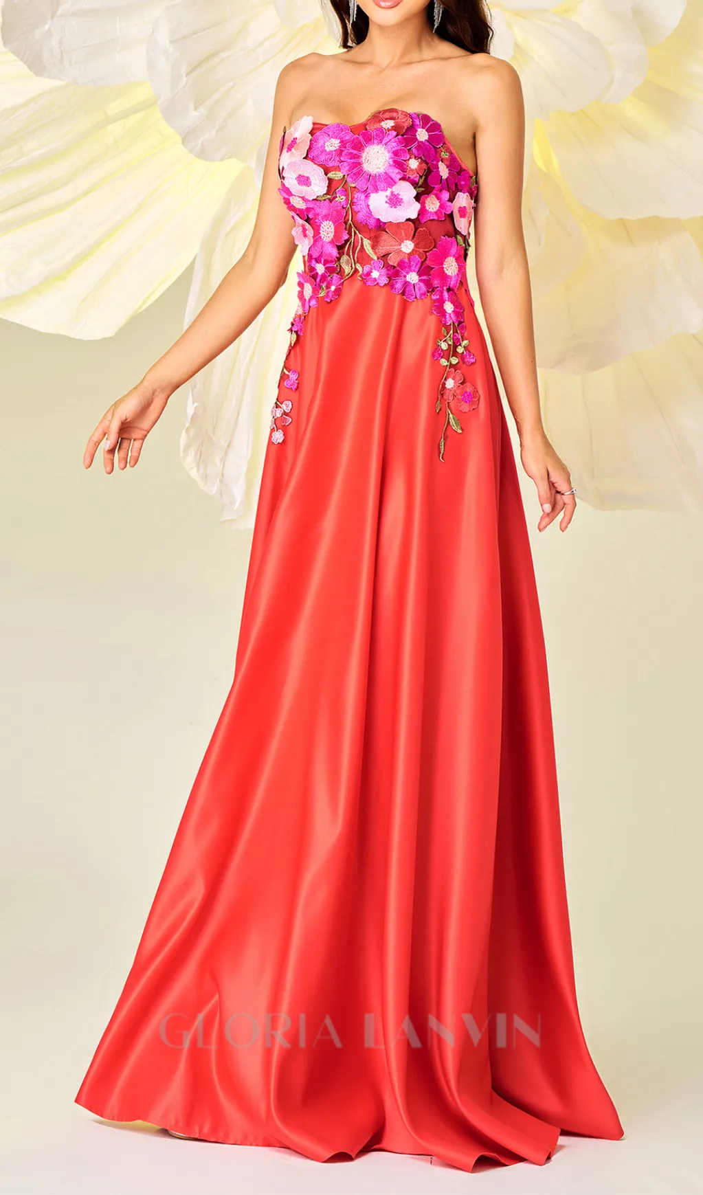 Embroidered Floral Strapless A-line maxi Dress in red Gloria Lanvin
