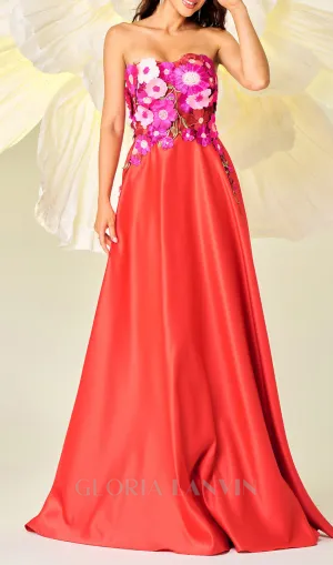 Embroidered Floral Strapless A-line maxi Dress in red Gloria Lanvin