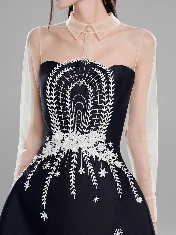 embroidered flower lapel tulle mini dress in dark blue Gloria Lanvin