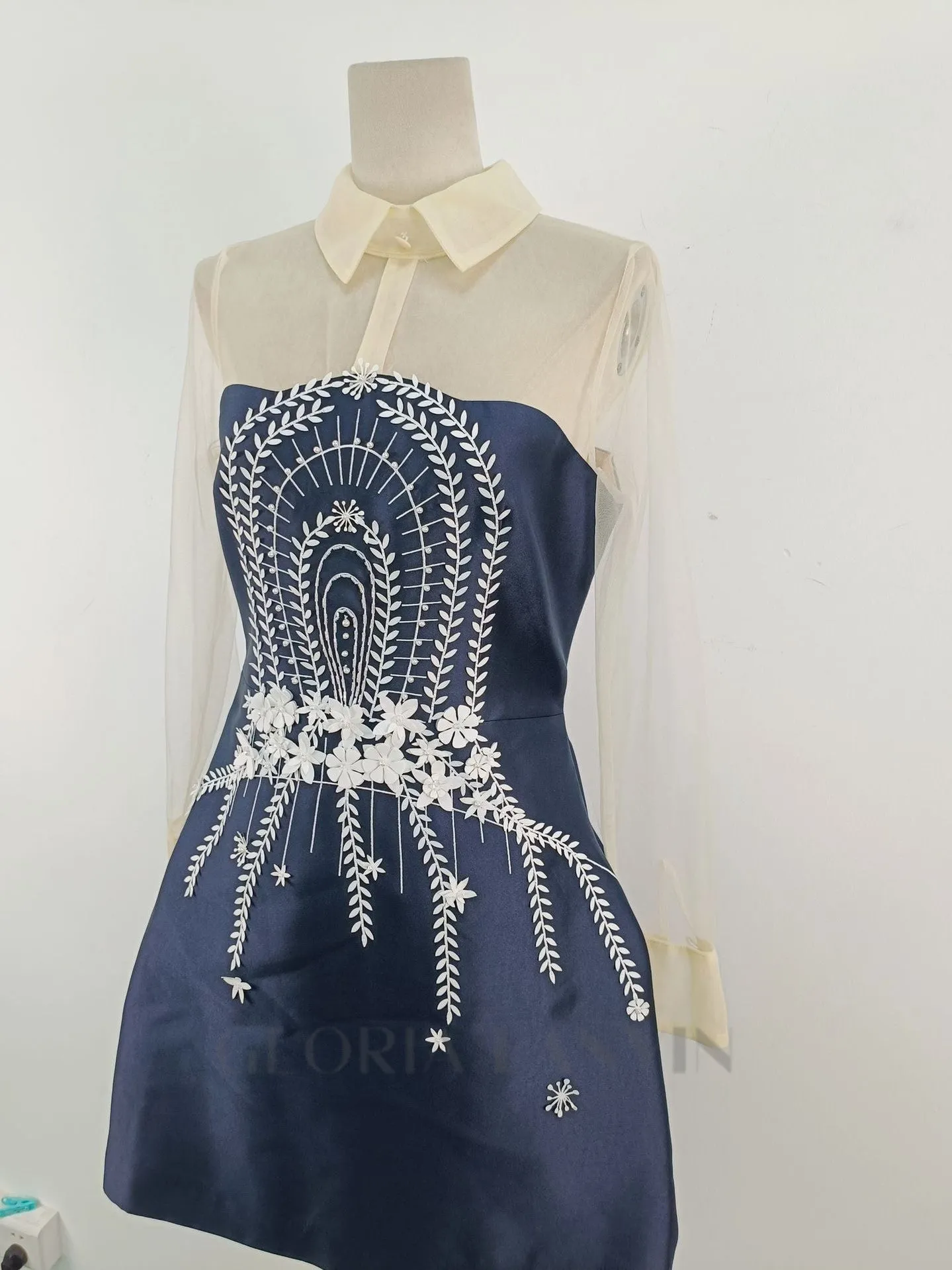 embroidered flower lapel tulle mini dress in dark blue Gloria Lanvin