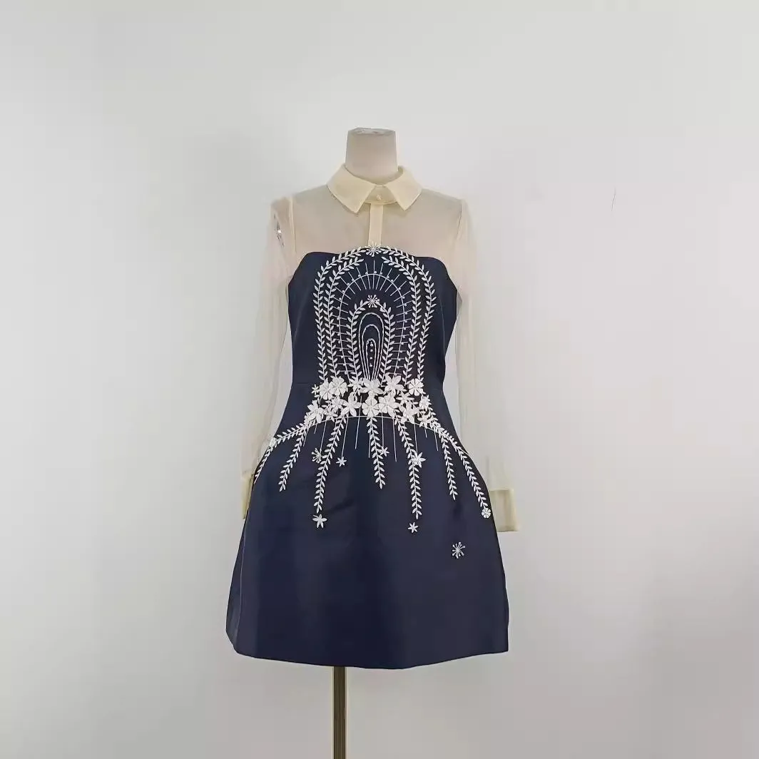 embroidered flower lapel tulle mini dress in dark blue Gloria Lanvin