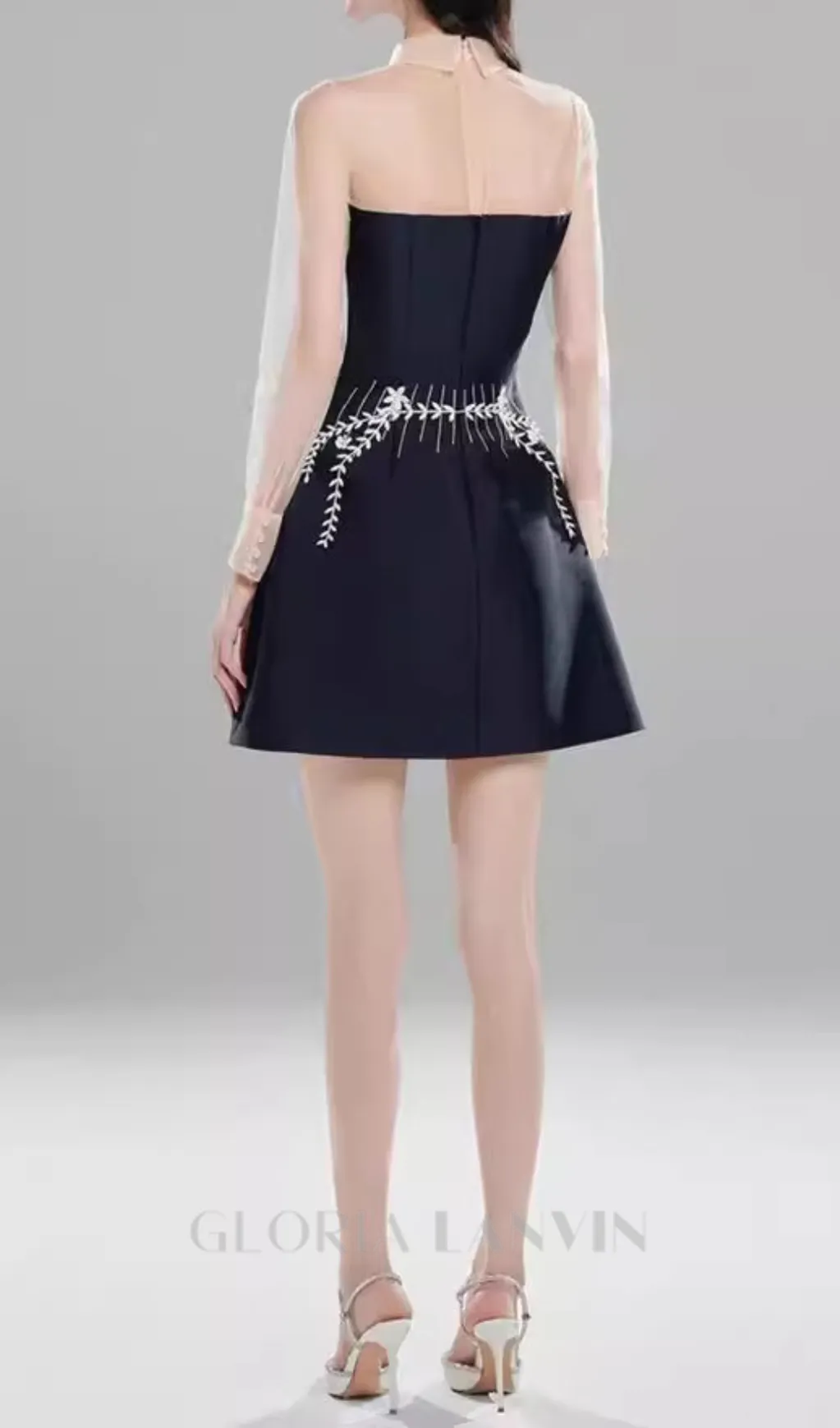 embroidered flower lapel tulle mini dress in dark blue Gloria Lanvin