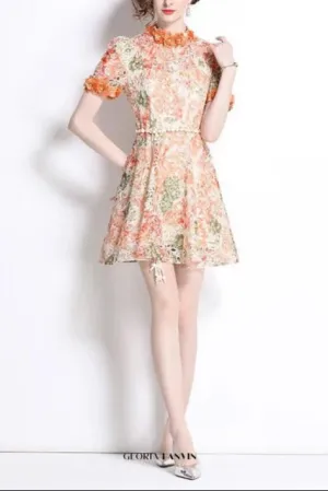 Embroidered hollow floral puff sleeves mini dress Gloria Lanvin