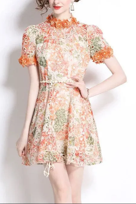 Embroidered hollow floral puff sleeves mini dress Gloria Lanvin