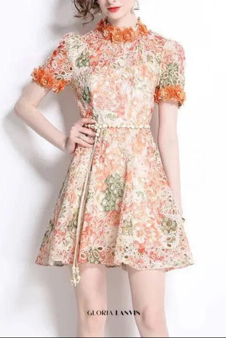 Embroidered hollow floral puff sleeves mini dress Gloria Lanvin