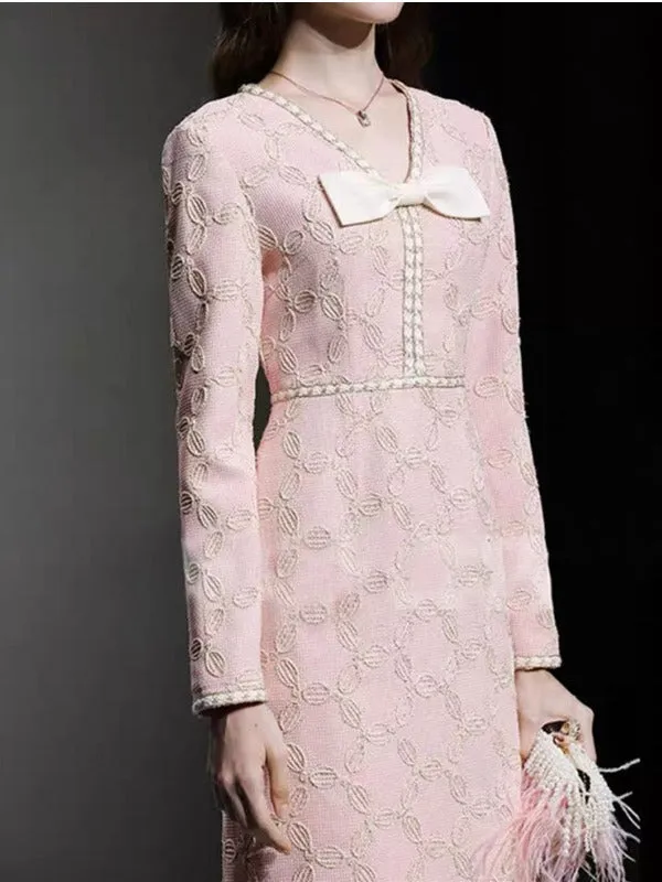 EMBROIDERED V-NECK BOW MIDI DRESS Gloria Lanvin