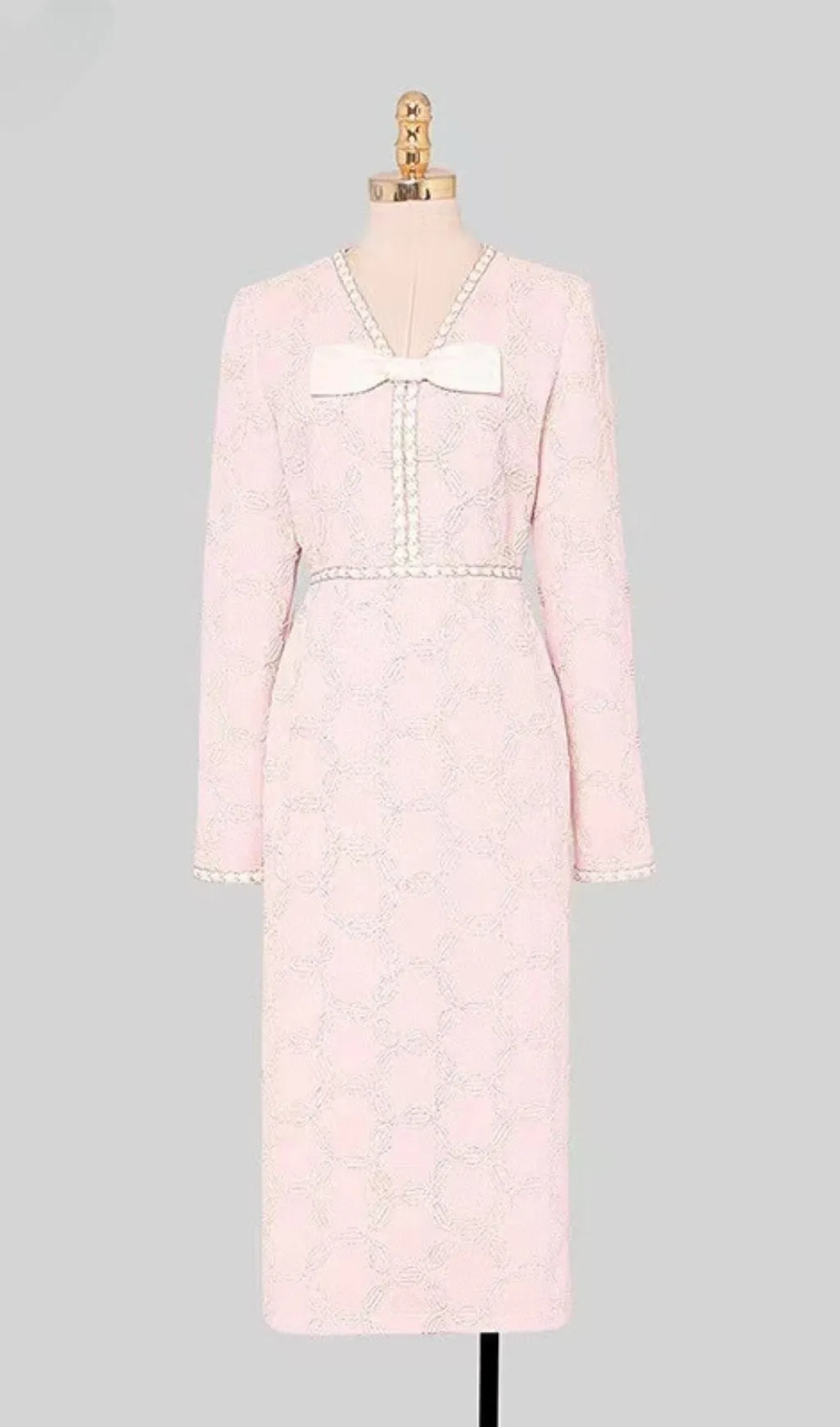 EMBROIDERED V-NECK BOW MIDI DRESS Gloria Lanvin