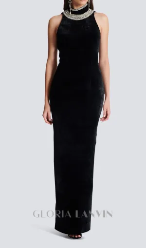 embroidered velvet halterneck maxi dress in black Gloria Lanvin