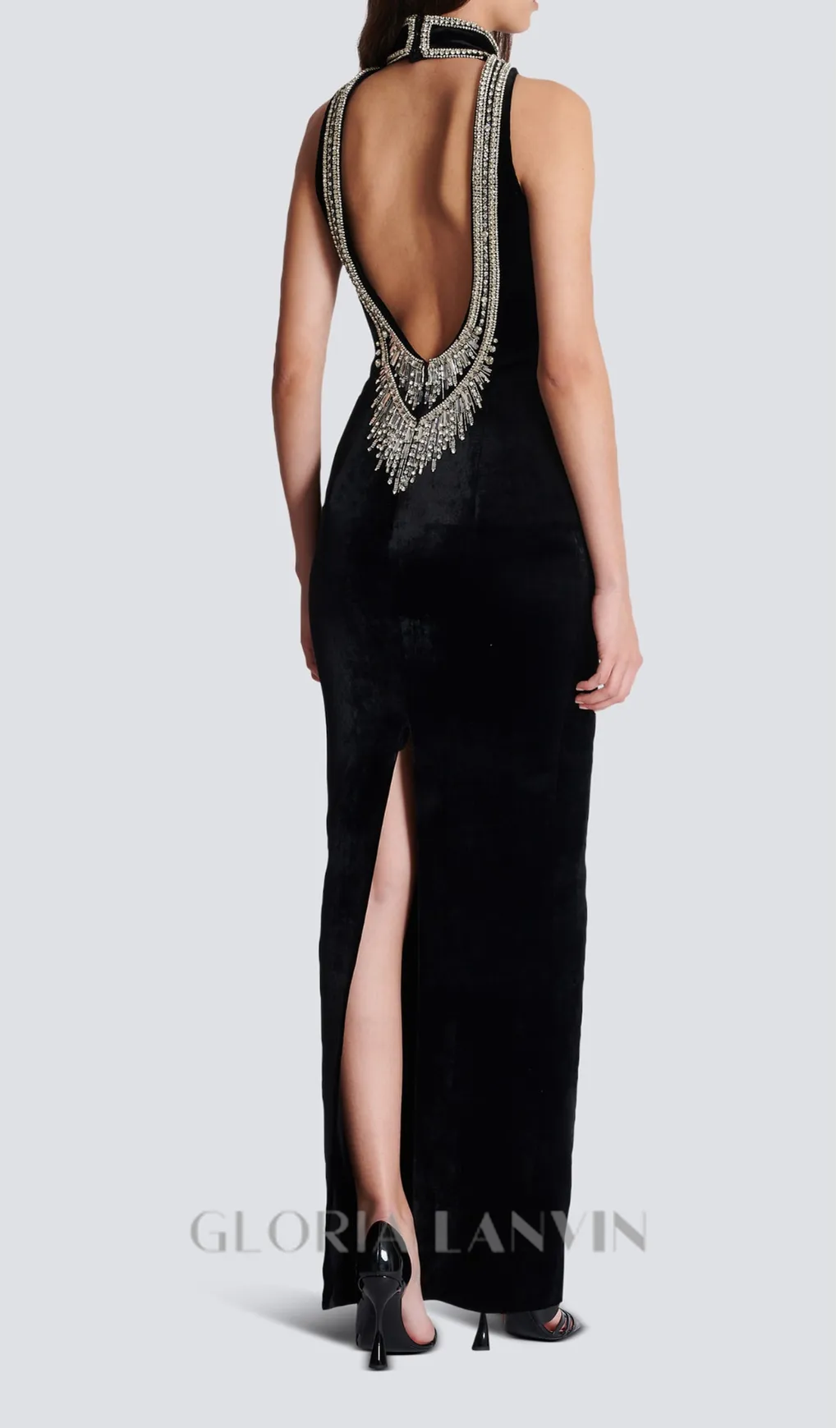 embroidered velvet halterneck maxi dress in black Gloria Lanvin