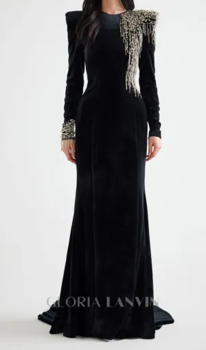 embroidered velvet maxi dress in black Gloria Lanvin