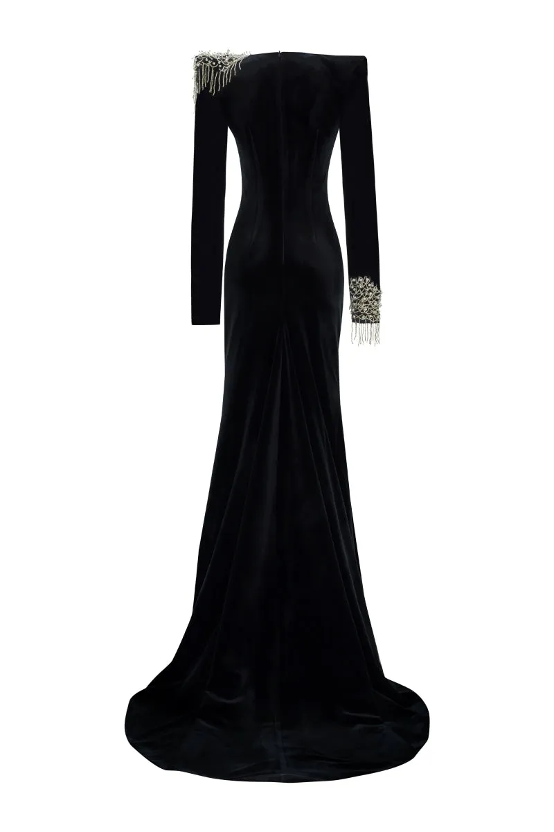 embroidered velvet maxi dress in black Gloria Lanvin