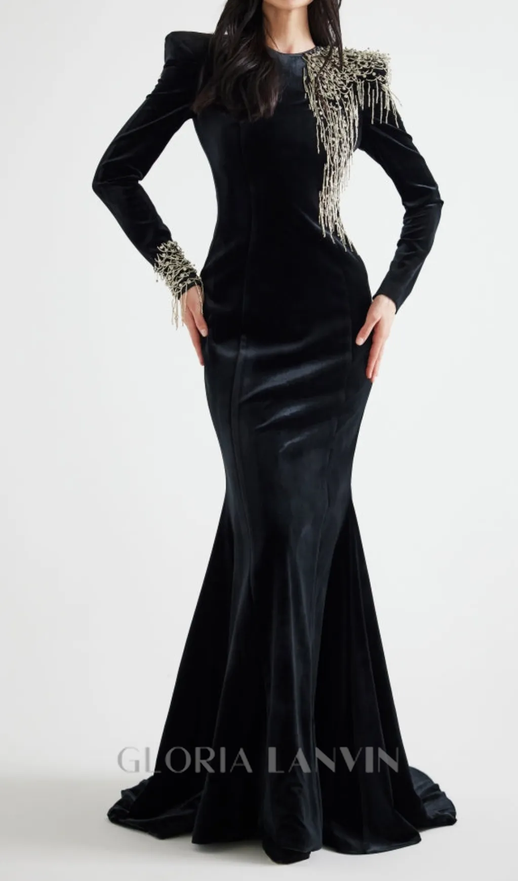 embroidered velvet maxi dress in black Gloria Lanvin