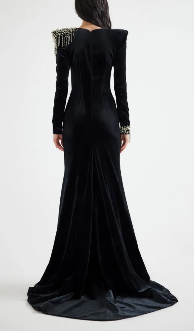 embroidered velvet maxi dress in black Gloria Lanvin