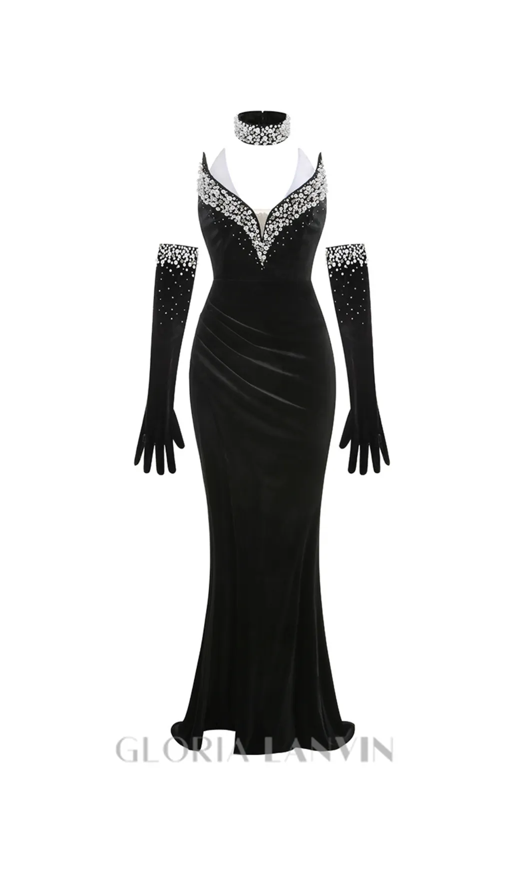 embroidered with white pearls maxi dress in black Gloria Lanvin