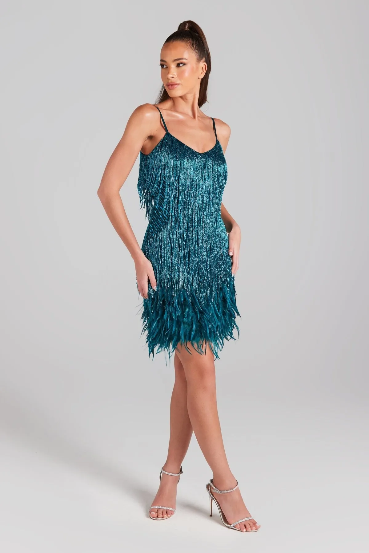 EMERALD TASSEL FEATHER MINI DRESS Gloria Lanvin
