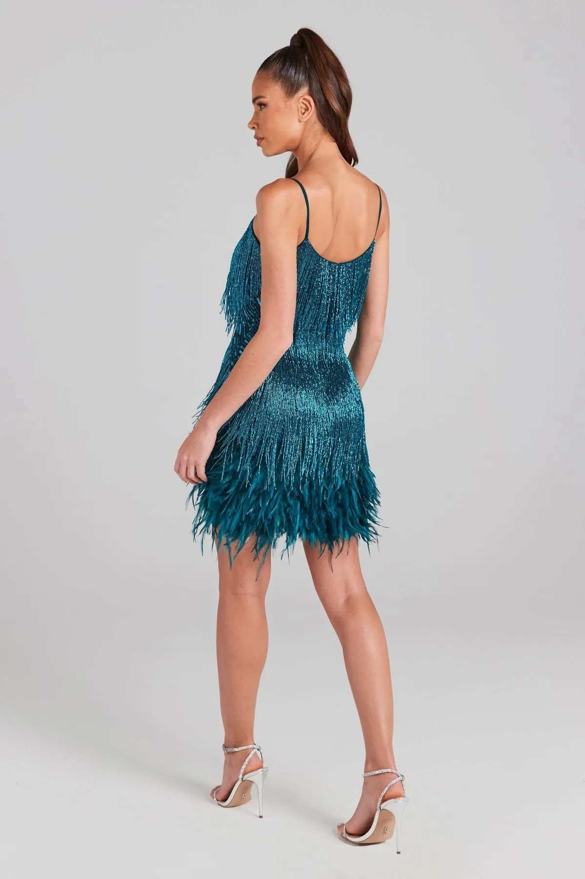EMERALD TASSEL FEATHER MINI DRESS Gloria Lanvin