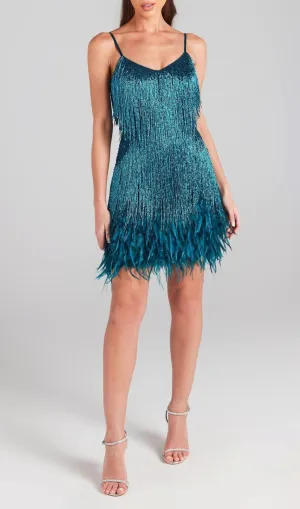 EMERALD TASSEL FEATHER MINI DRESS Gloria Lanvin