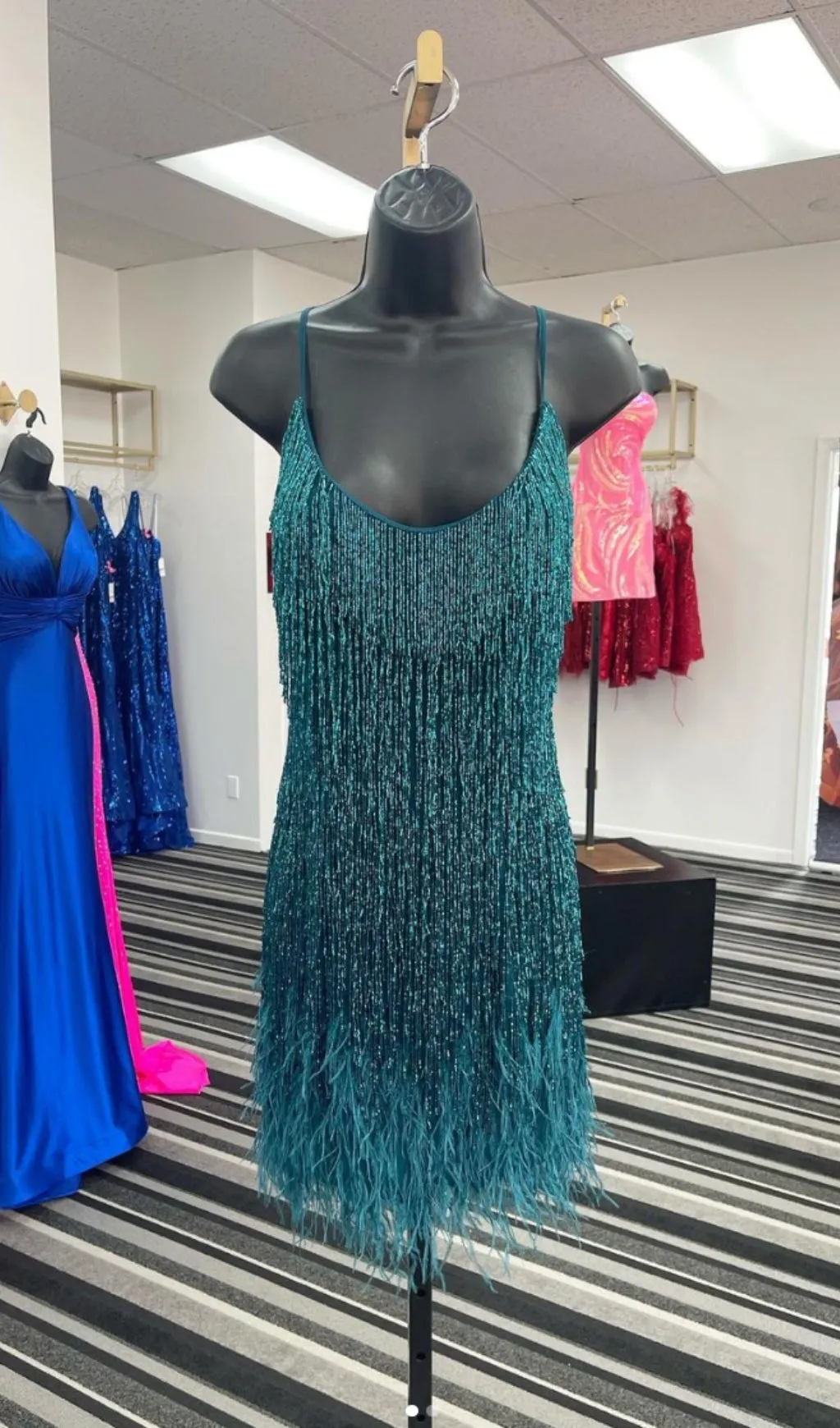 EMERALD TASSEL FEATHER MINI DRESS Gloria Lanvin
