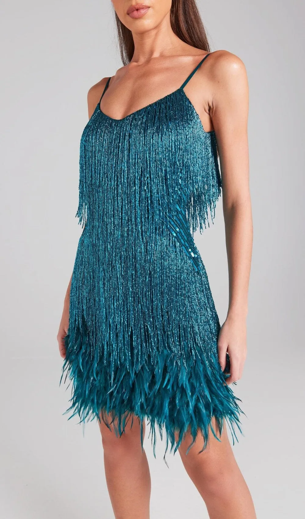 EMERALD TASSEL FEATHER MINI DRESS Gloria Lanvin