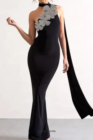 Emily Diamond Flower Bandage Maxi Dress in Black Gloria Lanvin