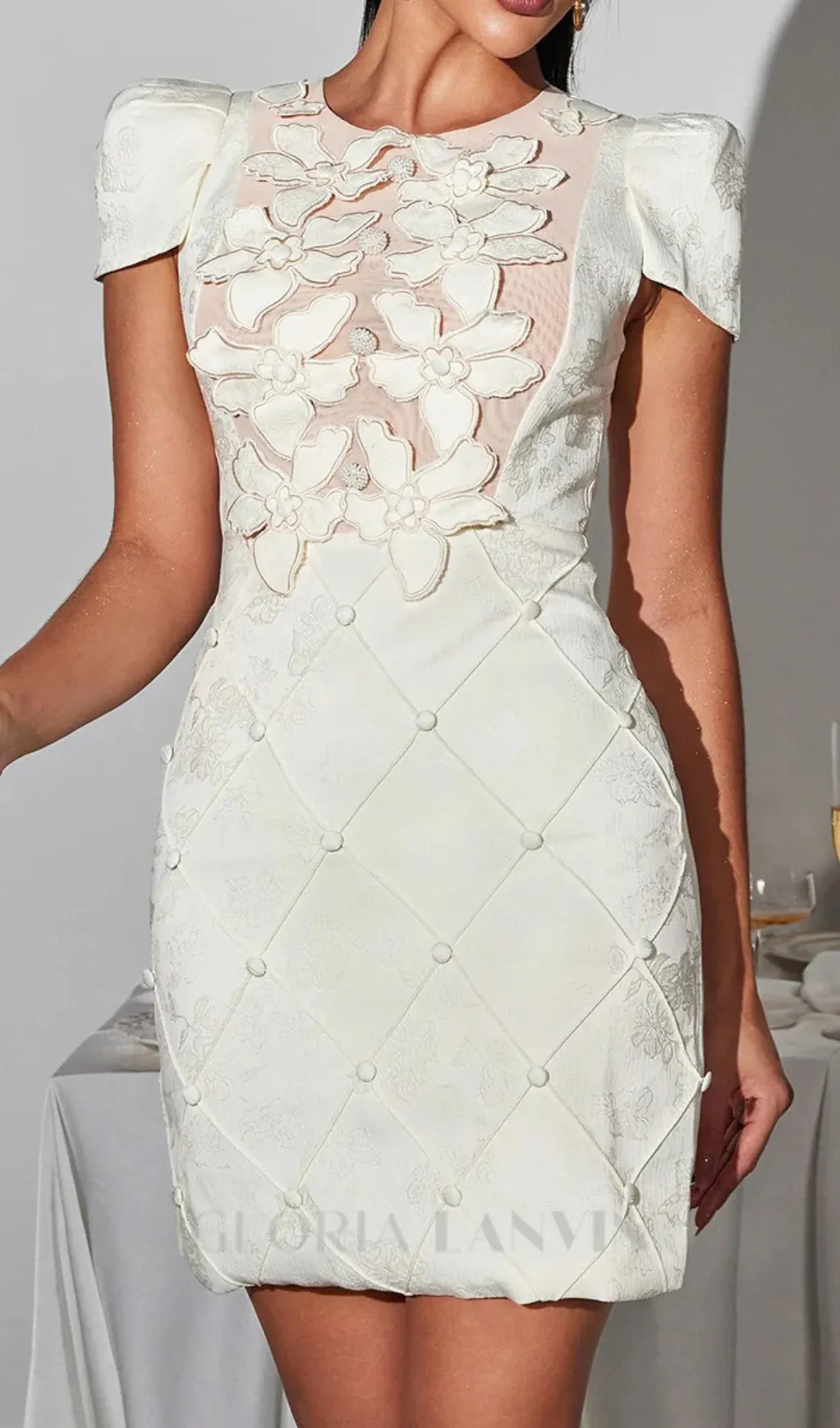Ephigenie Flower Pearl Mini Dress in beige Gloria Lanvin