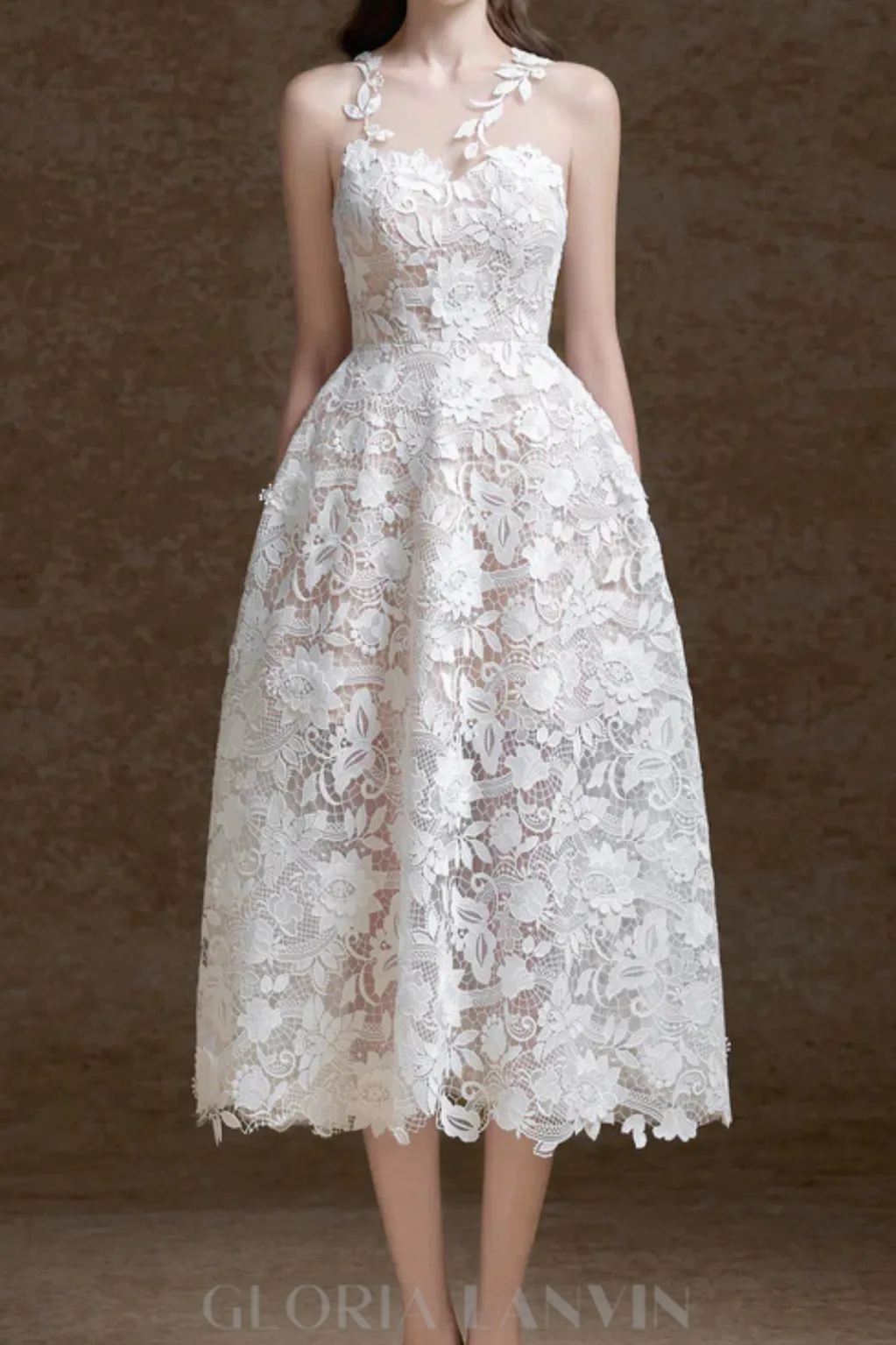 erica floral lace midi dress in white Gloria Lanvin