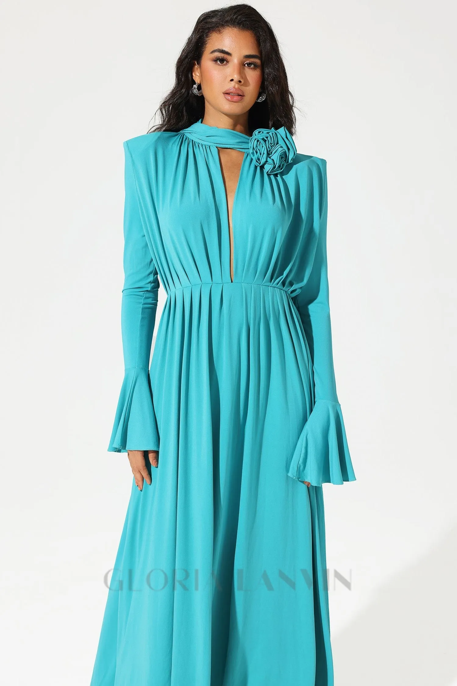 ERIN LANTERN SLEEVE HIGH COLLAR FLOWER SLIT MIDI DRESS IN BLUE Gloria Lanvin