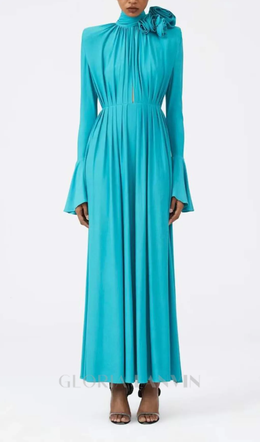 ERIN LANTERN SLEEVE HIGH COLLAR FLOWER SLIT MIDI DRESS IN BLUE Gloria Lanvin