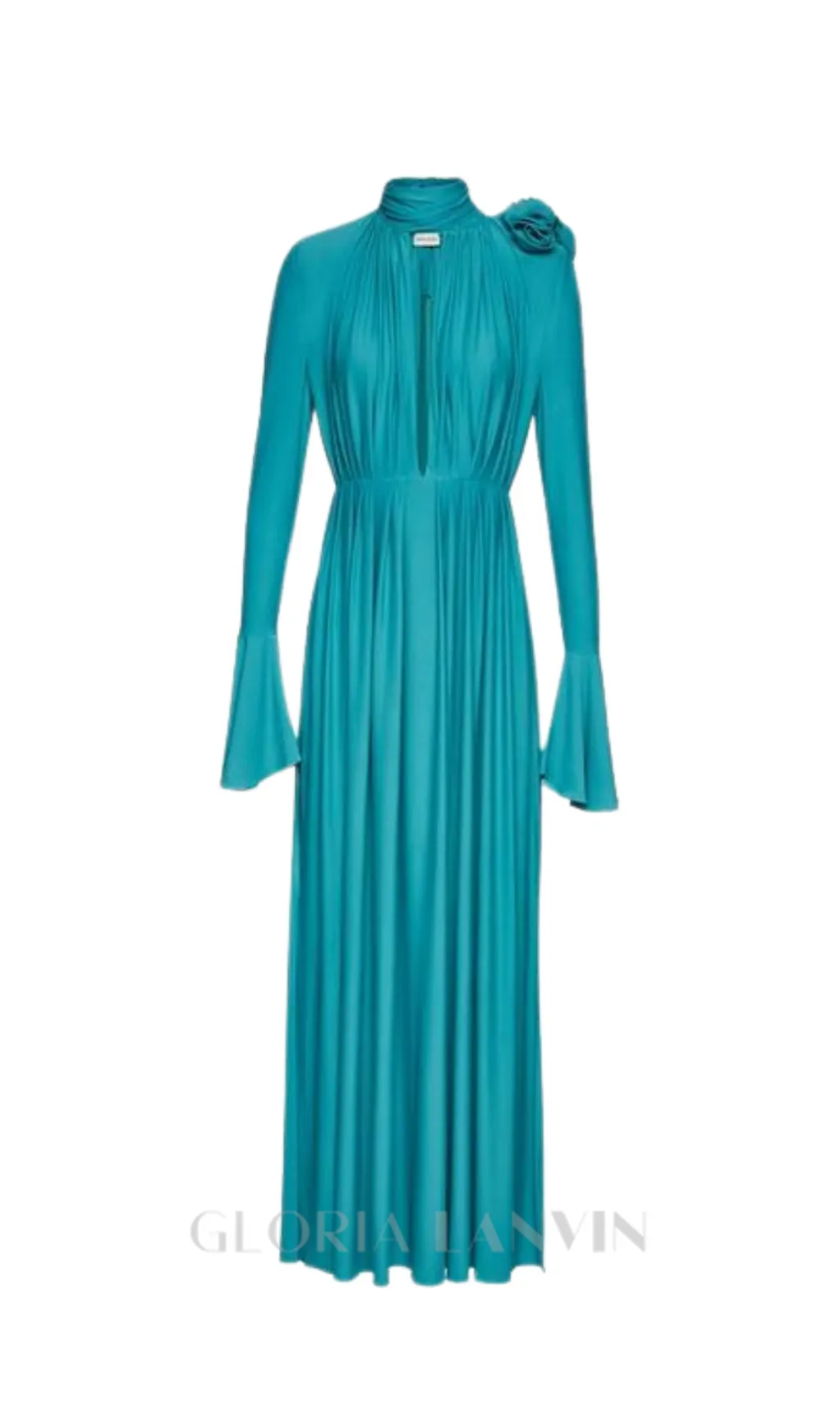 ERIN LANTERN SLEEVE HIGH COLLAR FLOWER SLIT MIDI DRESS IN BLUE Gloria Lanvin