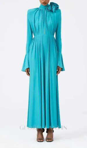 ERIN LANTERN SLEEVE HIGH COLLAR FLOWER SLIT MIDI DRESS IN BLUE Gloria Lanvin