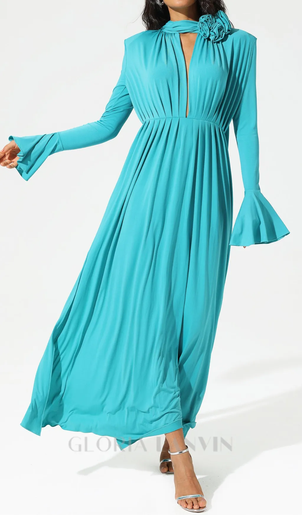 ERIN LANTERN SLEEVE HIGH COLLAR FLOWER SLIT MIDI DRESS IN BLUE Gloria Lanvin