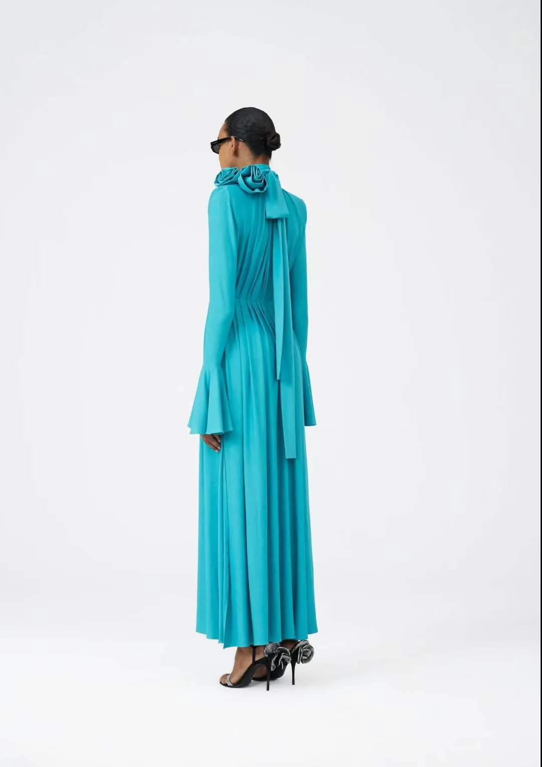 ERIN LANTERN SLEEVE HIGH COLLAR FLOWER SLIT MIDI DRESS IN BLUE Gloria Lanvin