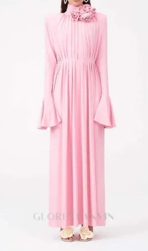 ERIN LANTERN SLEEVE HIGH COLLAR FLOWER SLIT MIDI DRESS IN PINK Gloria Lanvin