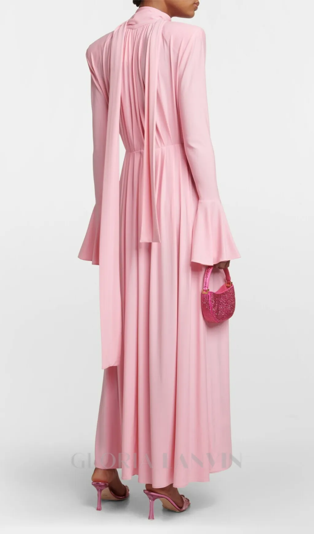 ERIN LANTERN SLEEVE HIGH COLLAR FLOWER SLIT MIDI DRESS IN PINK Gloria Lanvin