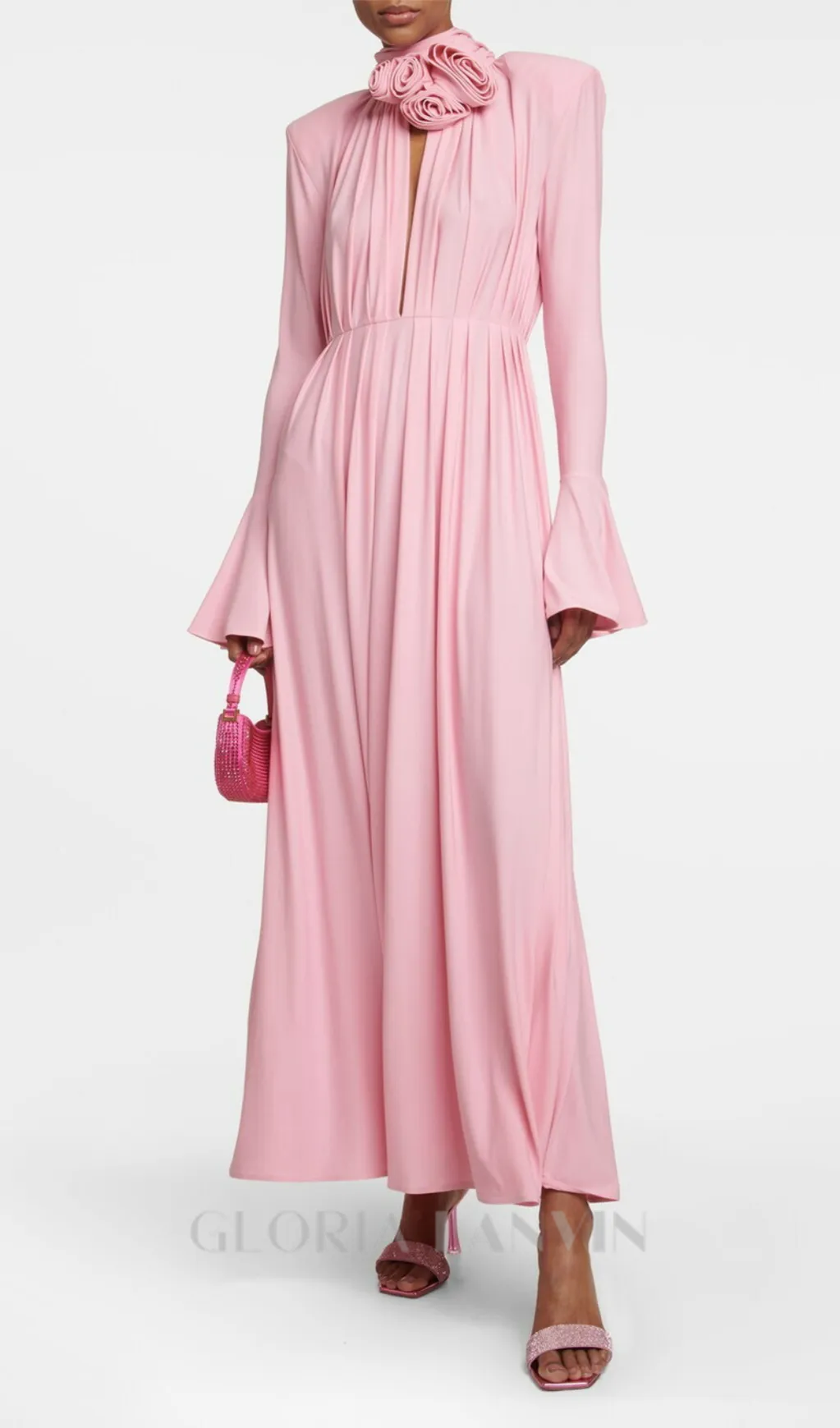 ERIN LANTERN SLEEVE HIGH COLLAR FLOWER SLIT MIDI DRESS IN PINK Gloria Lanvin