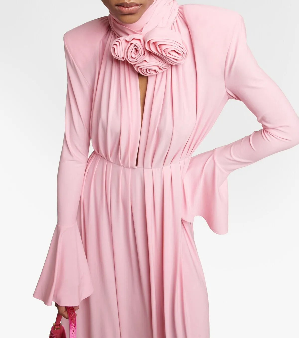 ERIN LANTERN SLEEVE HIGH COLLAR FLOWER SLIT MIDI DRESS IN PINK Gloria Lanvin