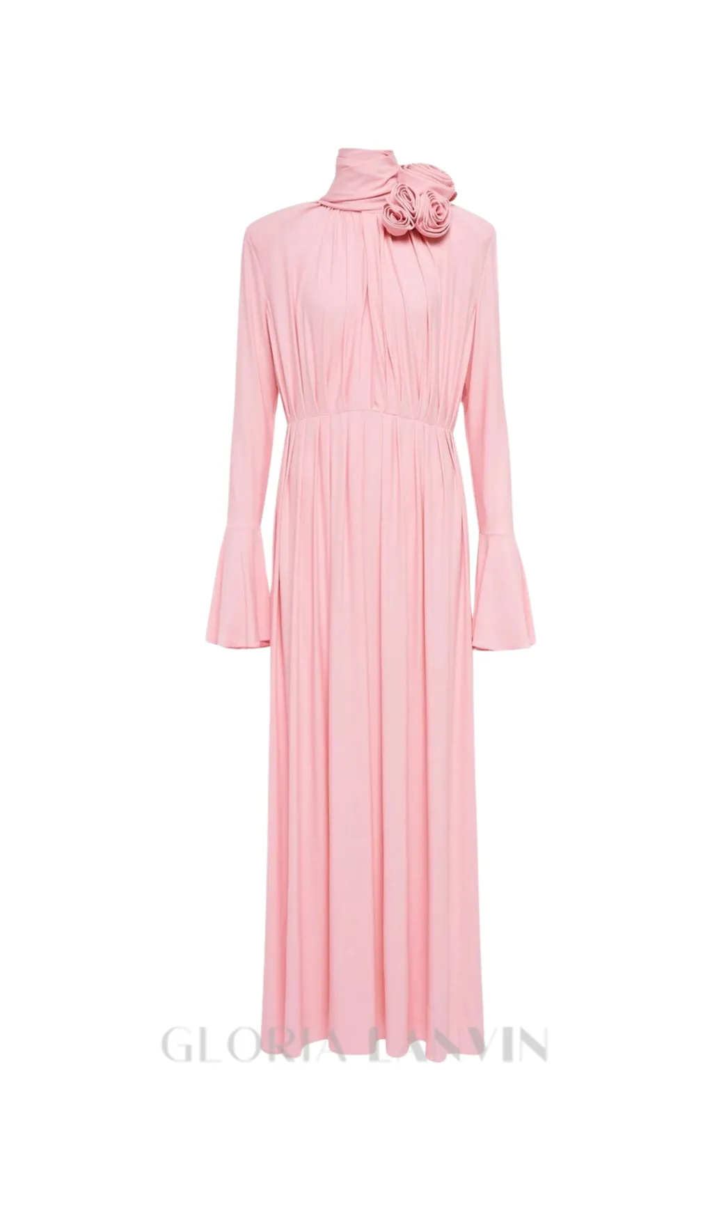 ERIN LANTERN SLEEVE HIGH COLLAR FLOWER SLIT MIDI DRESS IN PINK Gloria Lanvin