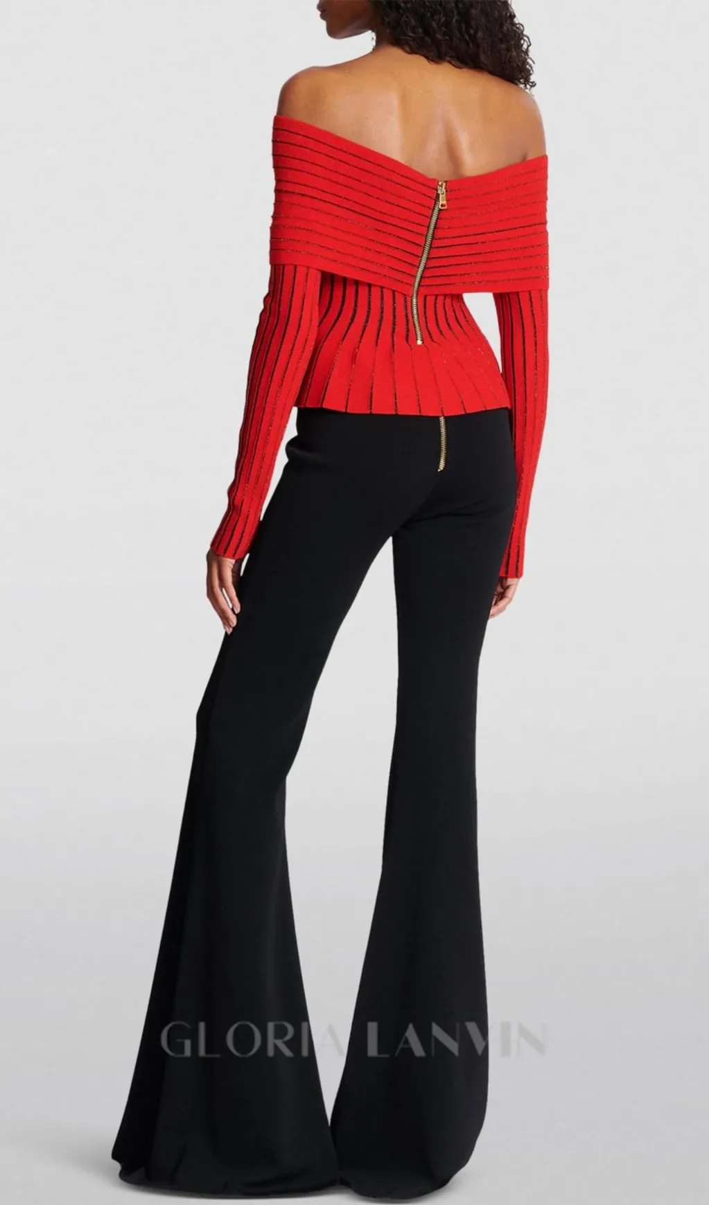 ESTHER KNIT STRIPE RUCHED OFF-SHOULDER TOP Gloria Lanvin