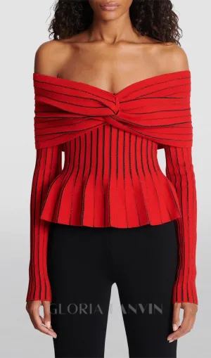 ESTHER KNIT STRIPE RUCHED OFF-SHOULDER TOP Gloria Lanvin